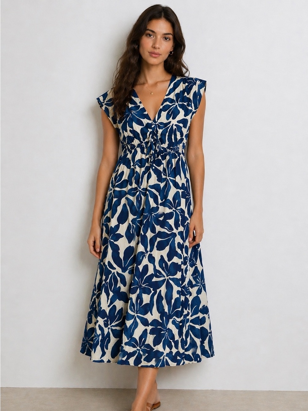 MANGO Blue & White Floral Midi Dress | Tropical Print V Neck Size 6